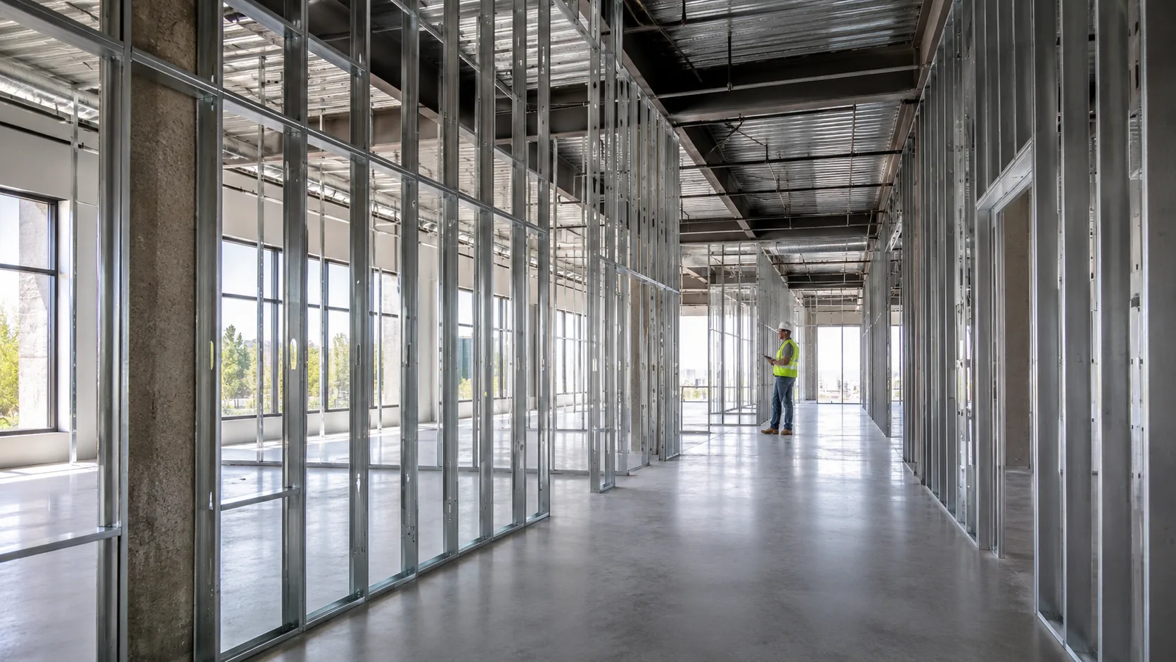 Commercial metal stud framing on a large interior jobsite