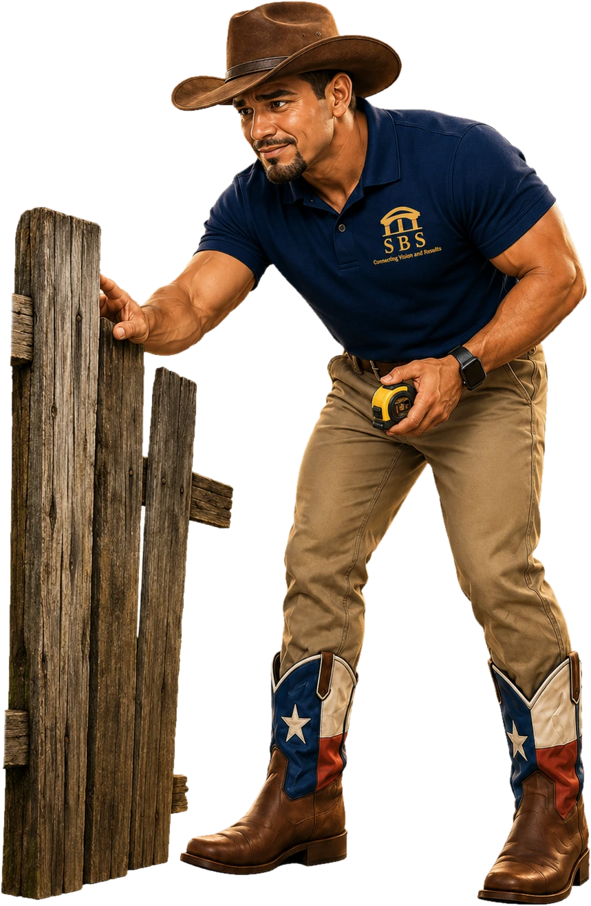 SBS estimator inspecting a worn fence with a tape measure