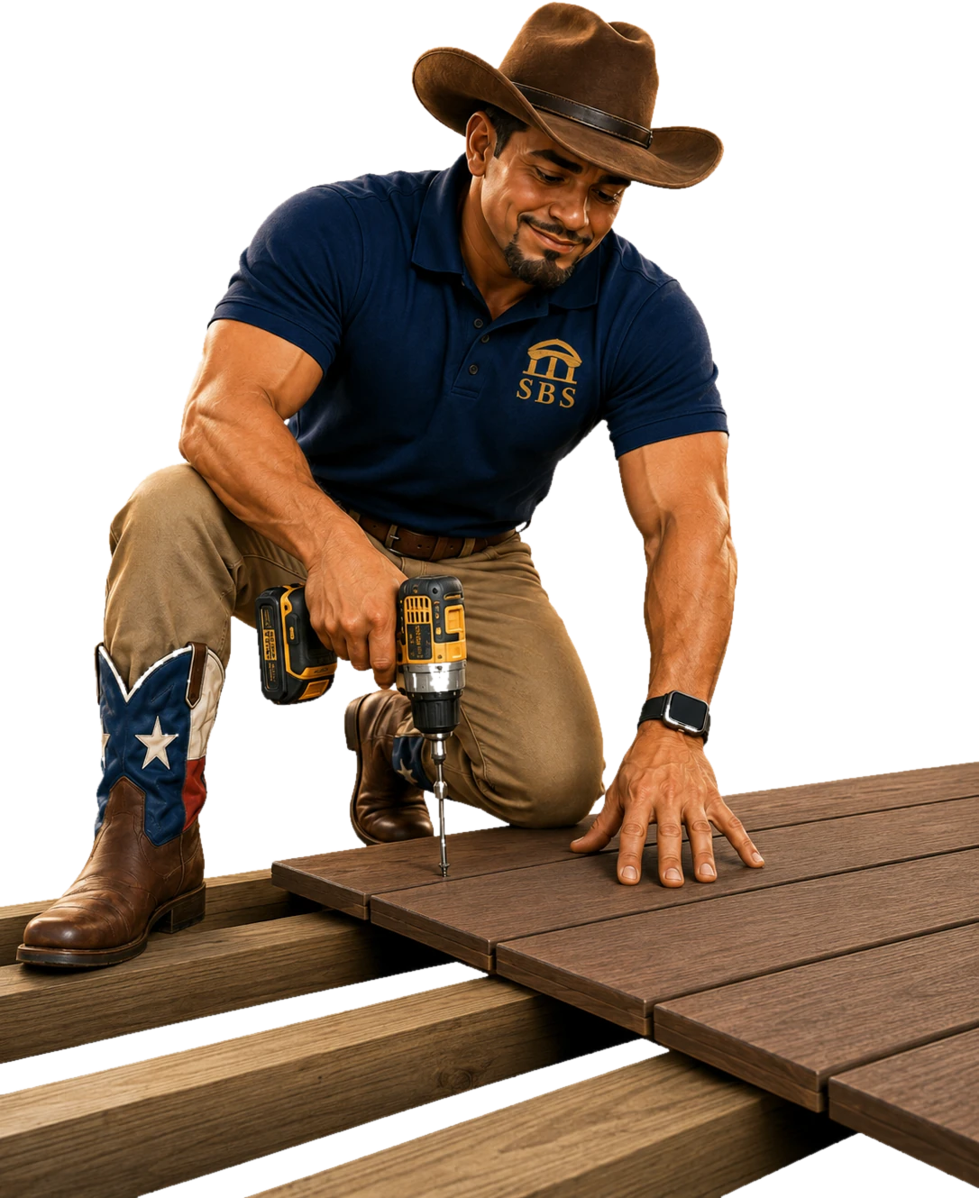 SBS crew member fastening deck boards with a drill